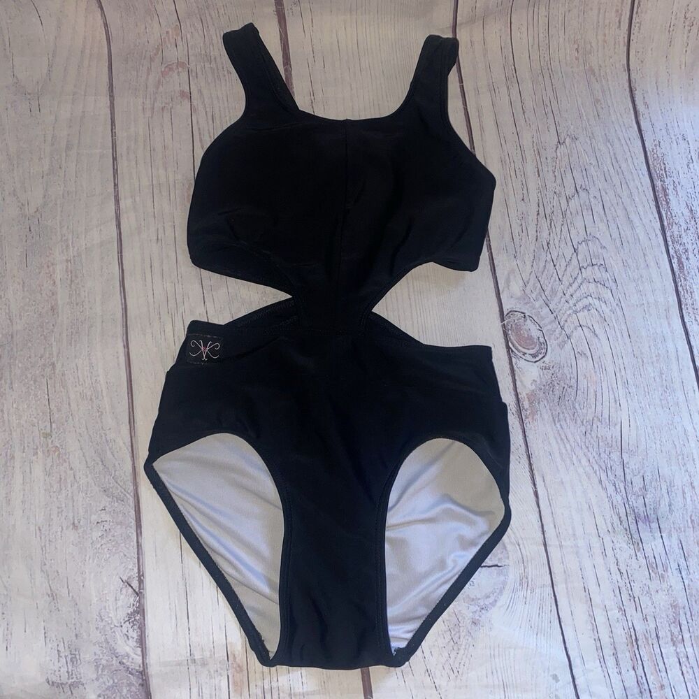 Kandi Kouture CXL 10/12 Black Dance Leotard Cutout Criss Cross Competition A4